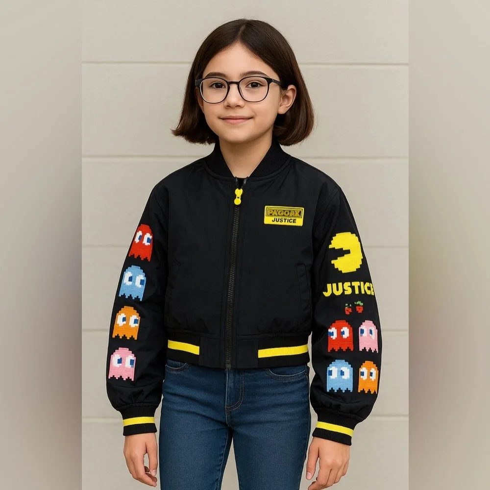 Justice Black and‎ Yellow Nylon Jacket with Pac-Man Graphic Embroidered